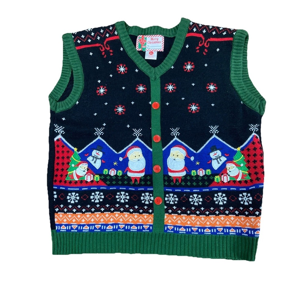 Merry Christmas XL Women's Sleeveless Knit Vest – Button Santa Snowman